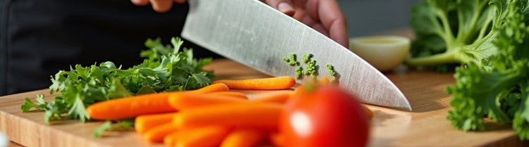 Sharp knife cutting vegetables on a wooden cutting board