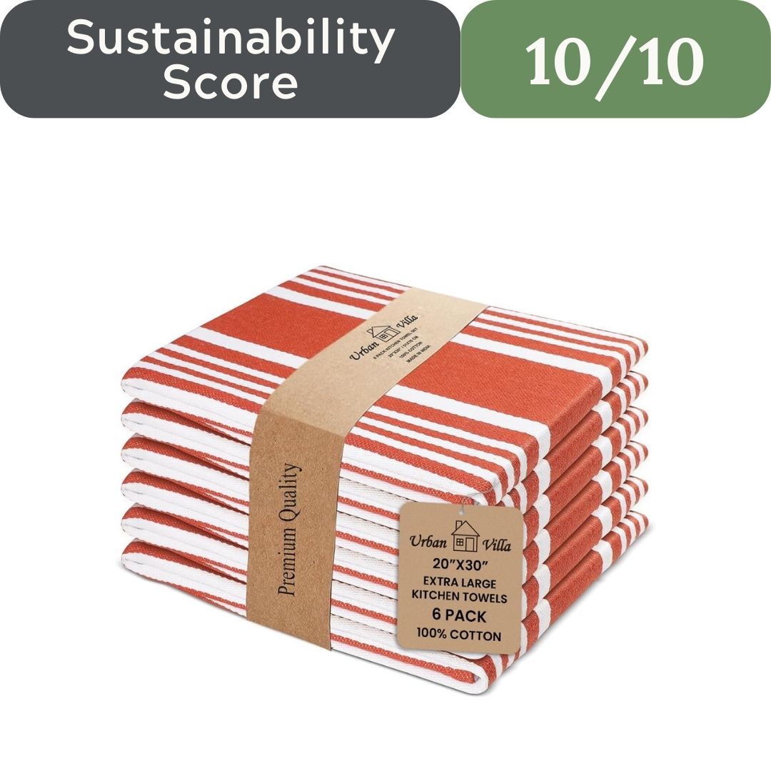 Pack of red and white striped kitchen towels with a sustainability score label on a white background. Urban Villa Cotton Dish Towels 6-Pack for microplastic-free non-toxic kitchen in USA 2026