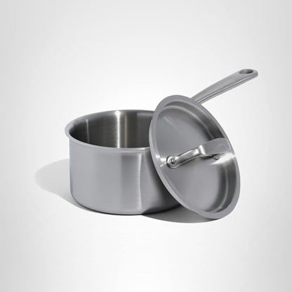 Stainless steel pot with lid on a white background