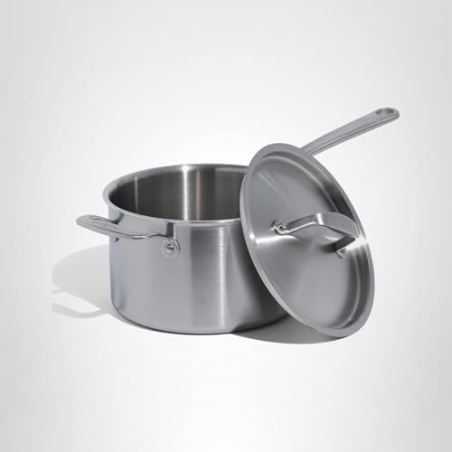 Stainless steel pot with lid on a white background