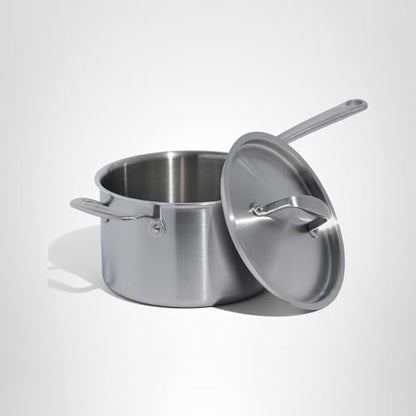 Stainless steel pot with lid on a white background