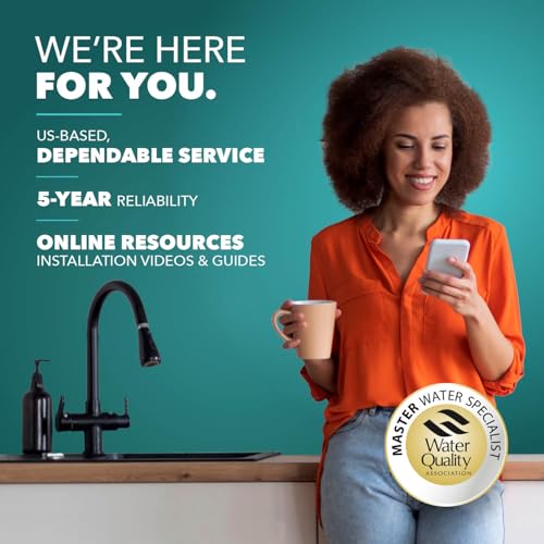 Woman holding a phone and a cup in front of a kitchen sink with text about water quality services.