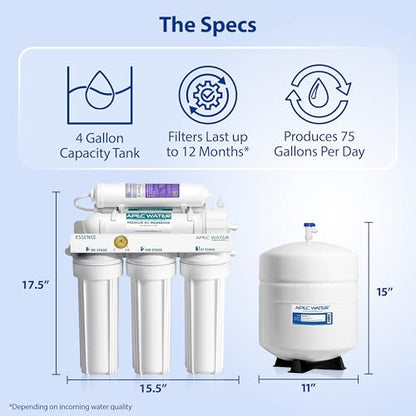 Water filtration system with specifications on a light blue background