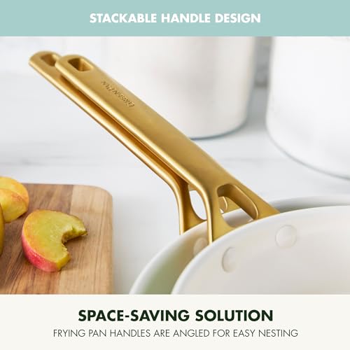 Gold frying pan handle with text highlighting stackable design and space-saving solution.
