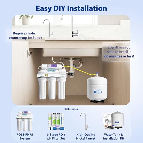 Under-sink water filtration system with installation details on a light blue background