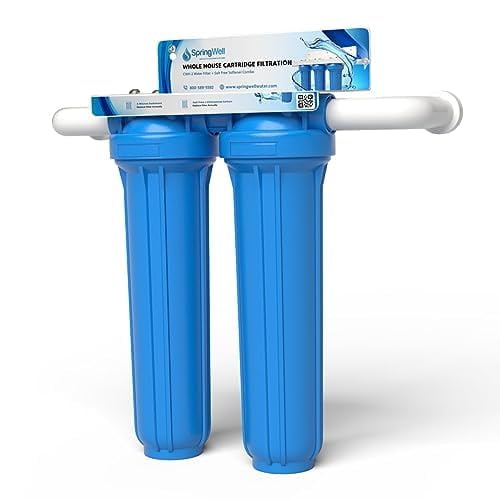 Blue water filter with packaging on a white background