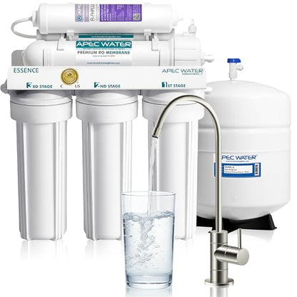 Apec Water filtration system with a glass of water on a white background