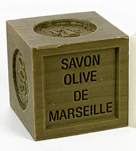 Cube-shaped olive soap with 'SAVON OLIVE DE MARSEILLE' text on a white background
