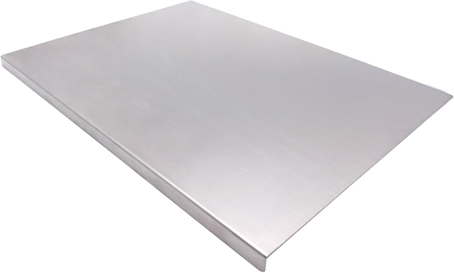 Rectangular stainless steel cutting board on a white background
