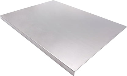 Rectangular stainless steel cutting board on a white background