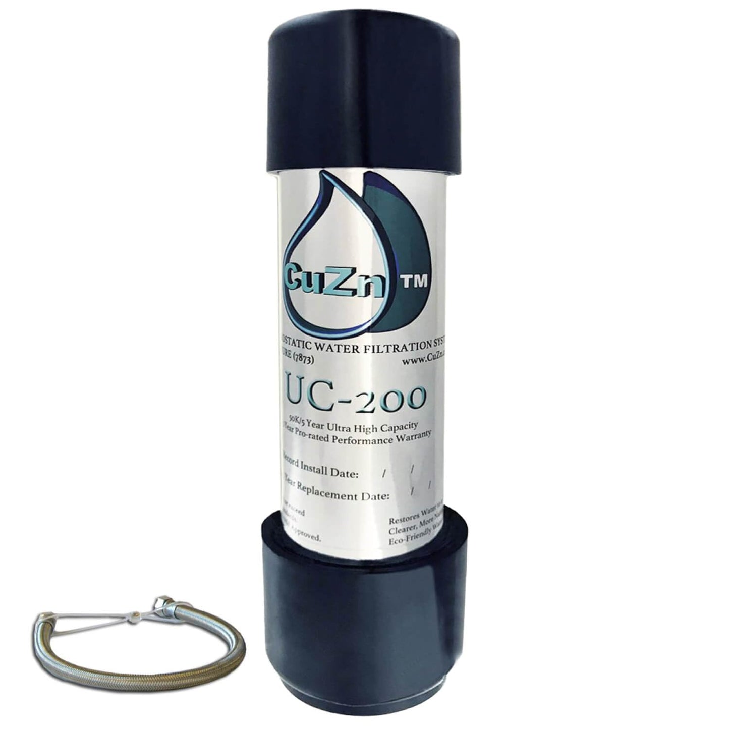 GuZn UC-200 water filtration system with carabiner on a white background