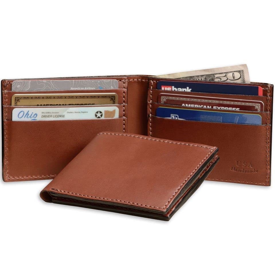 Brown leather wallet with cards and money on a white background