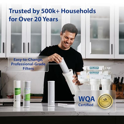 Person changing water filter with kitchen background, WQA certified logo displayed