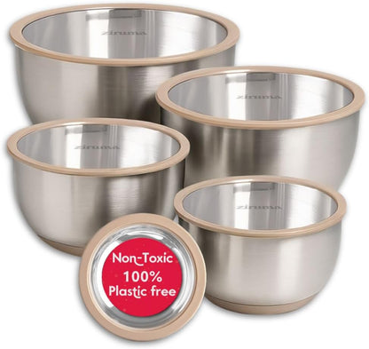 Set of Ziruma stainless steel bowls with glass lids on a white background, featuring a 'Non-Toxic 100% Plastic Free' label.