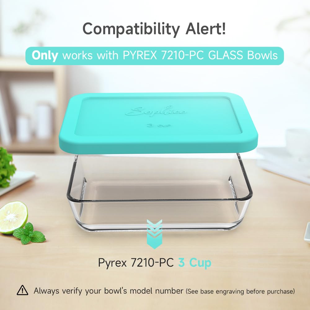 Pyrex glass bowl with a teal lid on a wooden surface, with text about compatibility and product details.