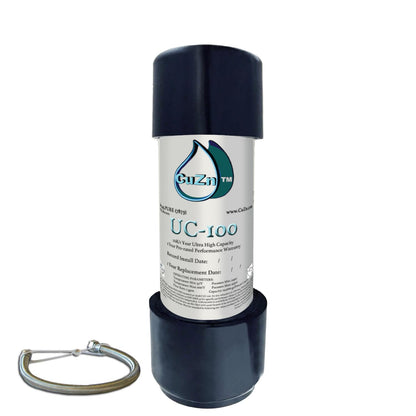 Cylindrical container with a label featuring 'CuZn' on a white background