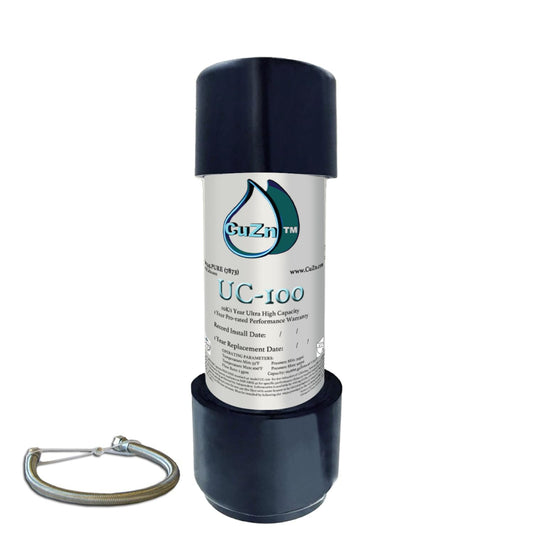 Cylindrical container with a label featuring 'CuZn' on a white background