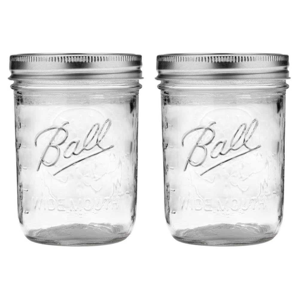 Ball Wide Mouth Pint 16-Ounce Glass Mason Jars with Lids (2-Pack) on a white background.