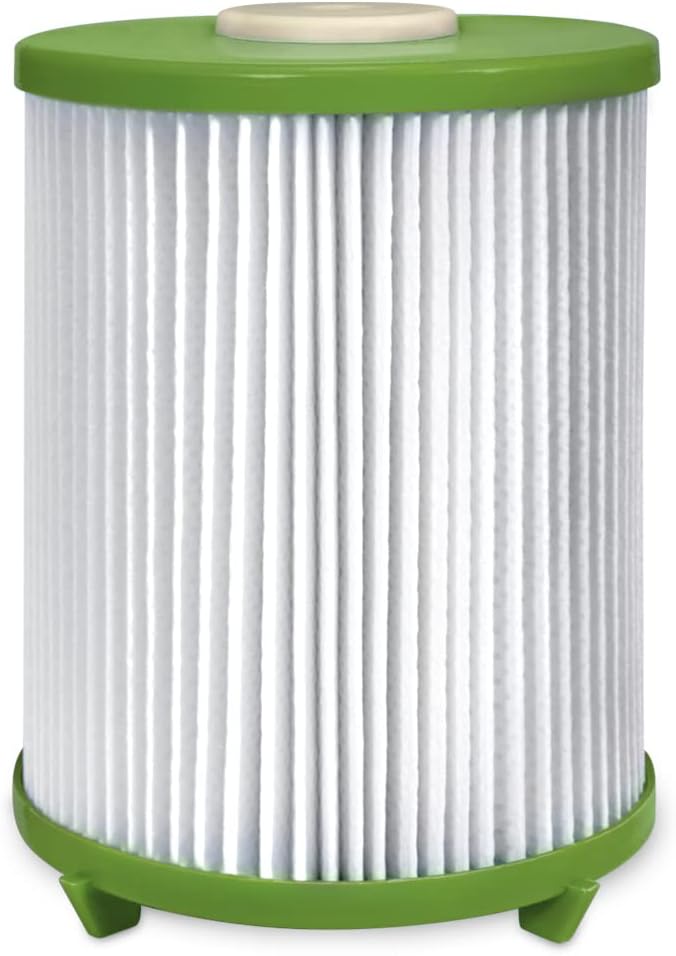 Filter cartridge with green top and bottom on a white background