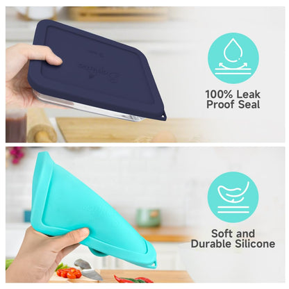 Navy and teal silicone lids with text indicating leak proof seal and soft, durable material.