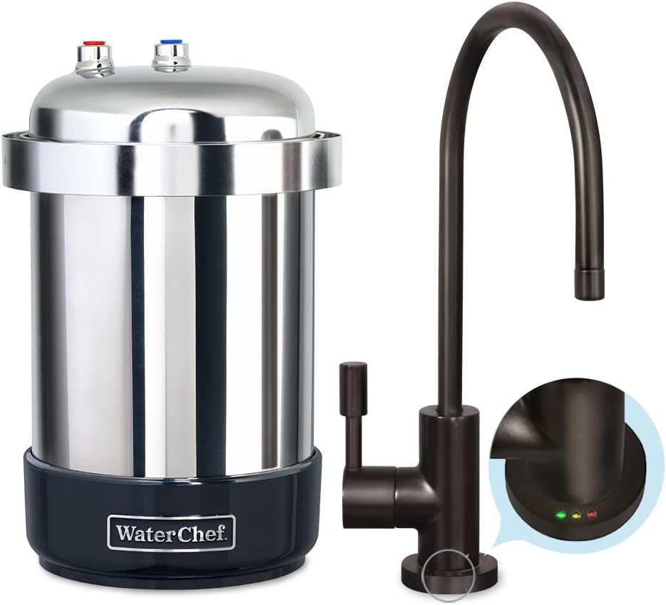 Stainless steel water filter with black faucet on a white background