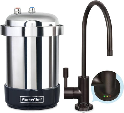 Stainless steel water filter with black faucet on a white background