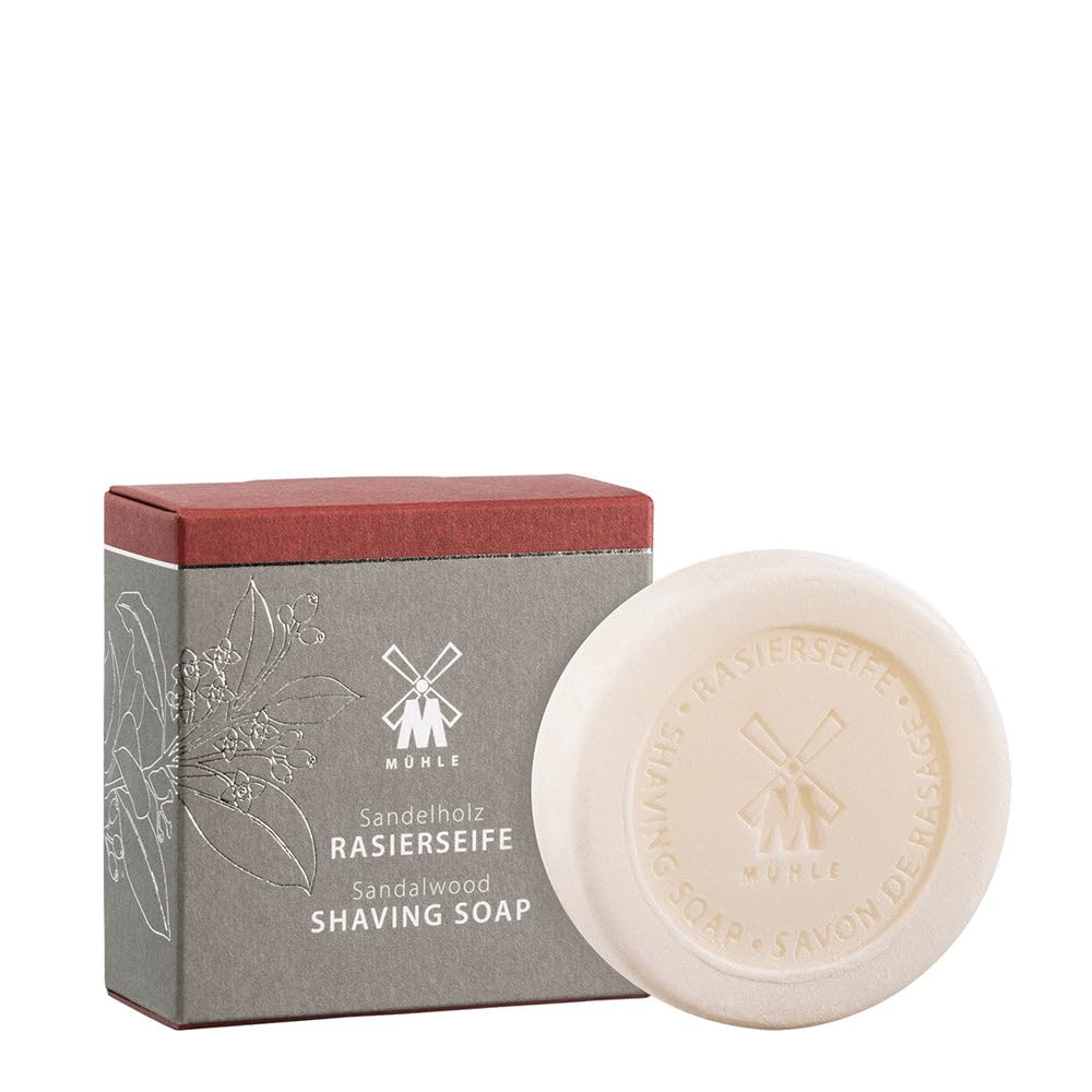 Muehle shaving soap bar with packaging on a white background