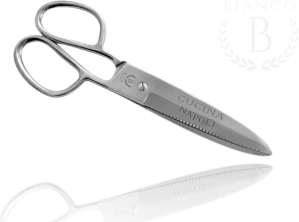 Stainless steel kitchen shears with 'Cucina Napoli' branding on a white background