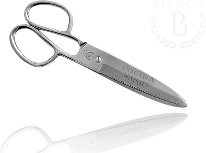 Stainless steel kitchen shears with 'Cucina Napoli' branding on a white background