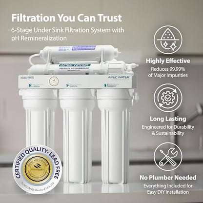 APEC water filtration system with features highlighted on a neutral background