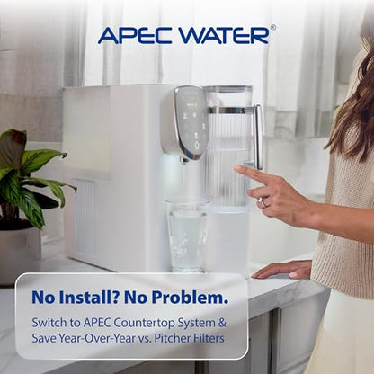 APEC Water countertop water filter system with a woman pointing at it, featuring the APEC Water logo.
