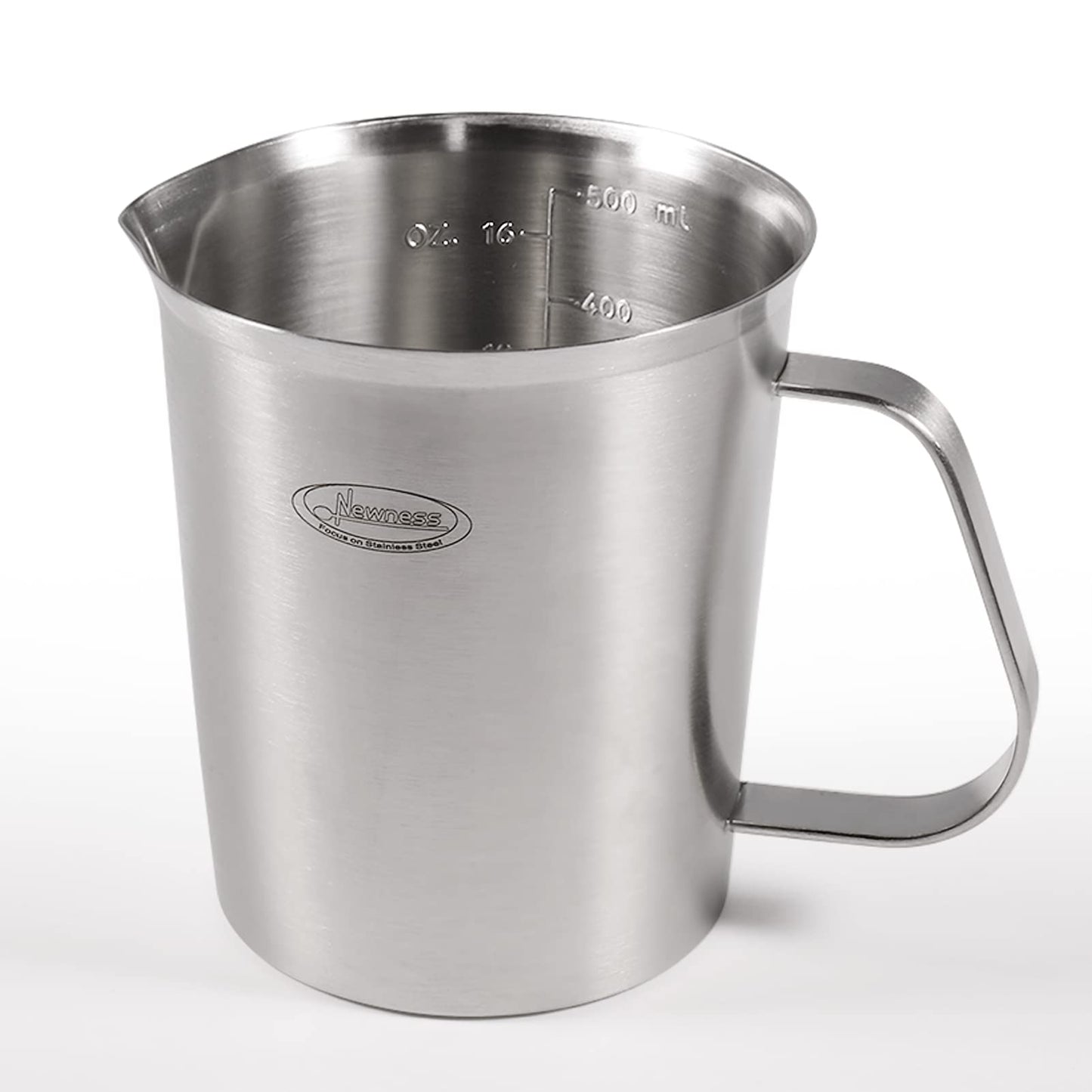 Stainless steel measuring cup with handle on a white background
