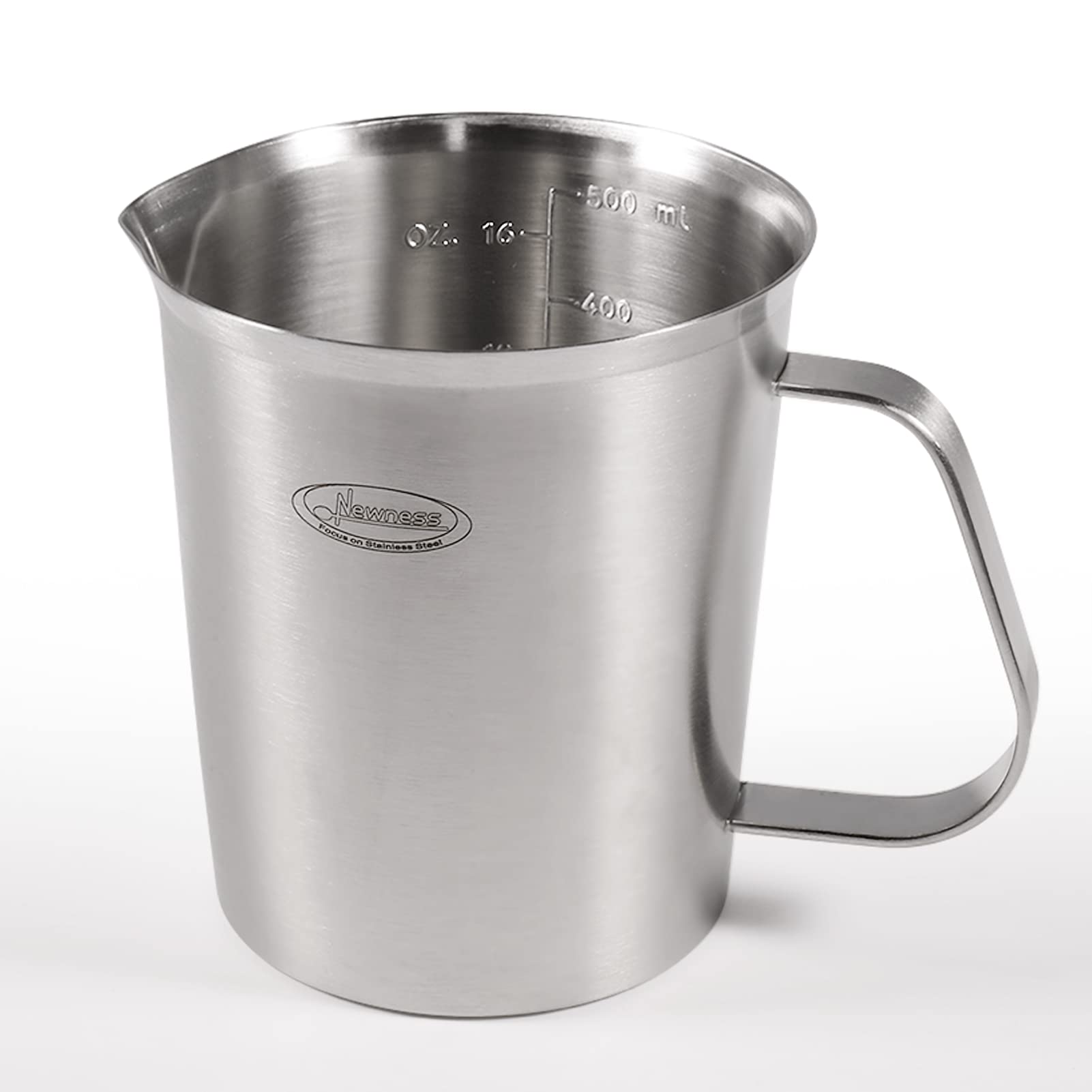 Stainless steel measuring cup with handle on a white background