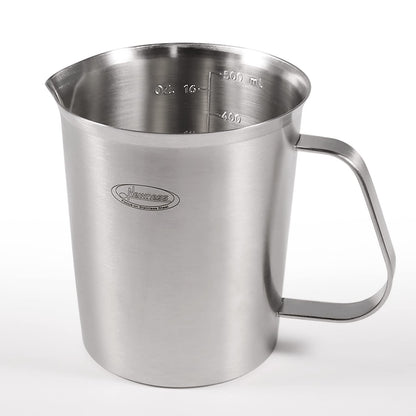 Stainless steel measuring cup with handle on a white background