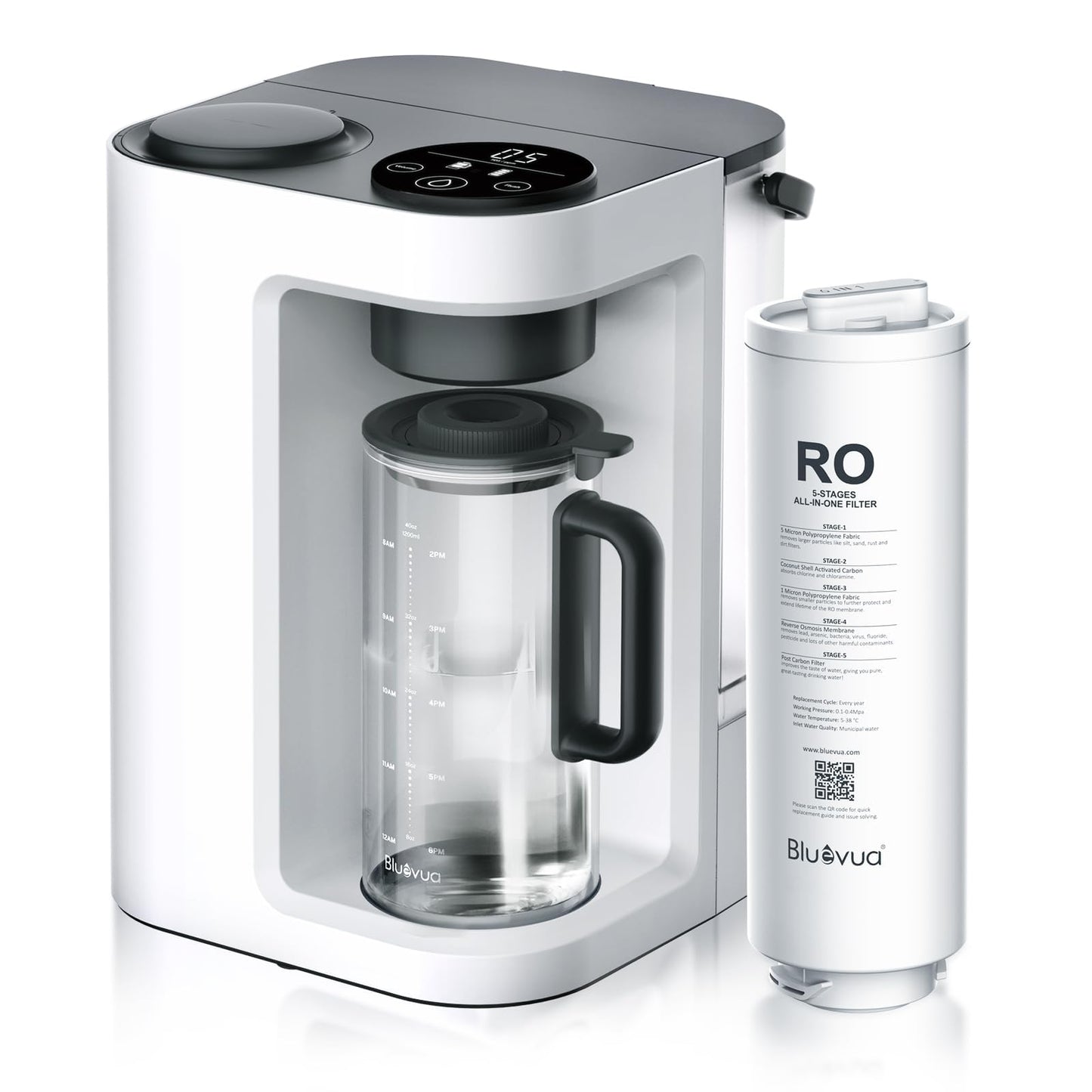 White water filter machine with a black handle and a white filter cartridge on a white background