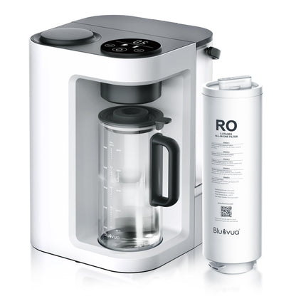 White water filter machine with a black handle and a white filter cartridge on a white background
