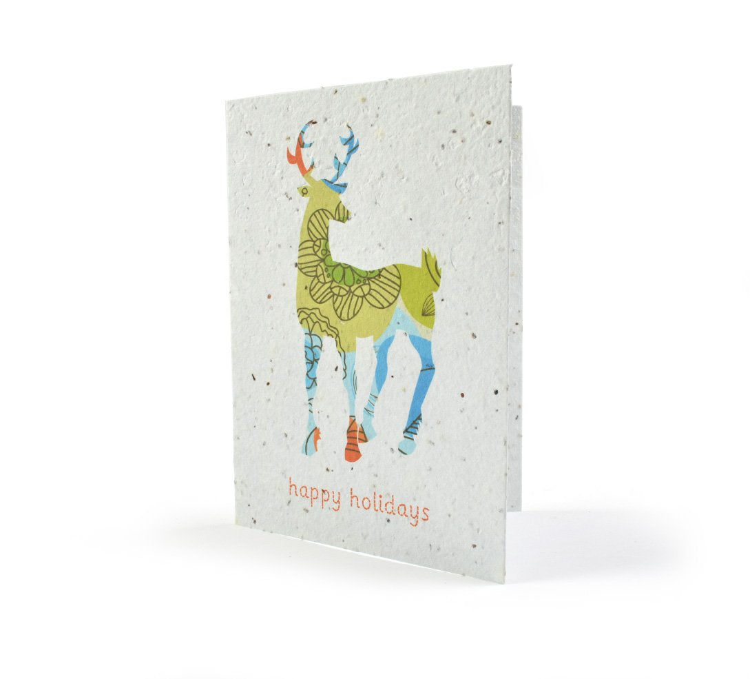 Greeting card with a colorful deer illustration and 'happy holidays' text on a white background
