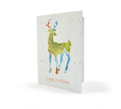 Greeting card with a colorful deer illustration and 'happy holidays' text on a white background