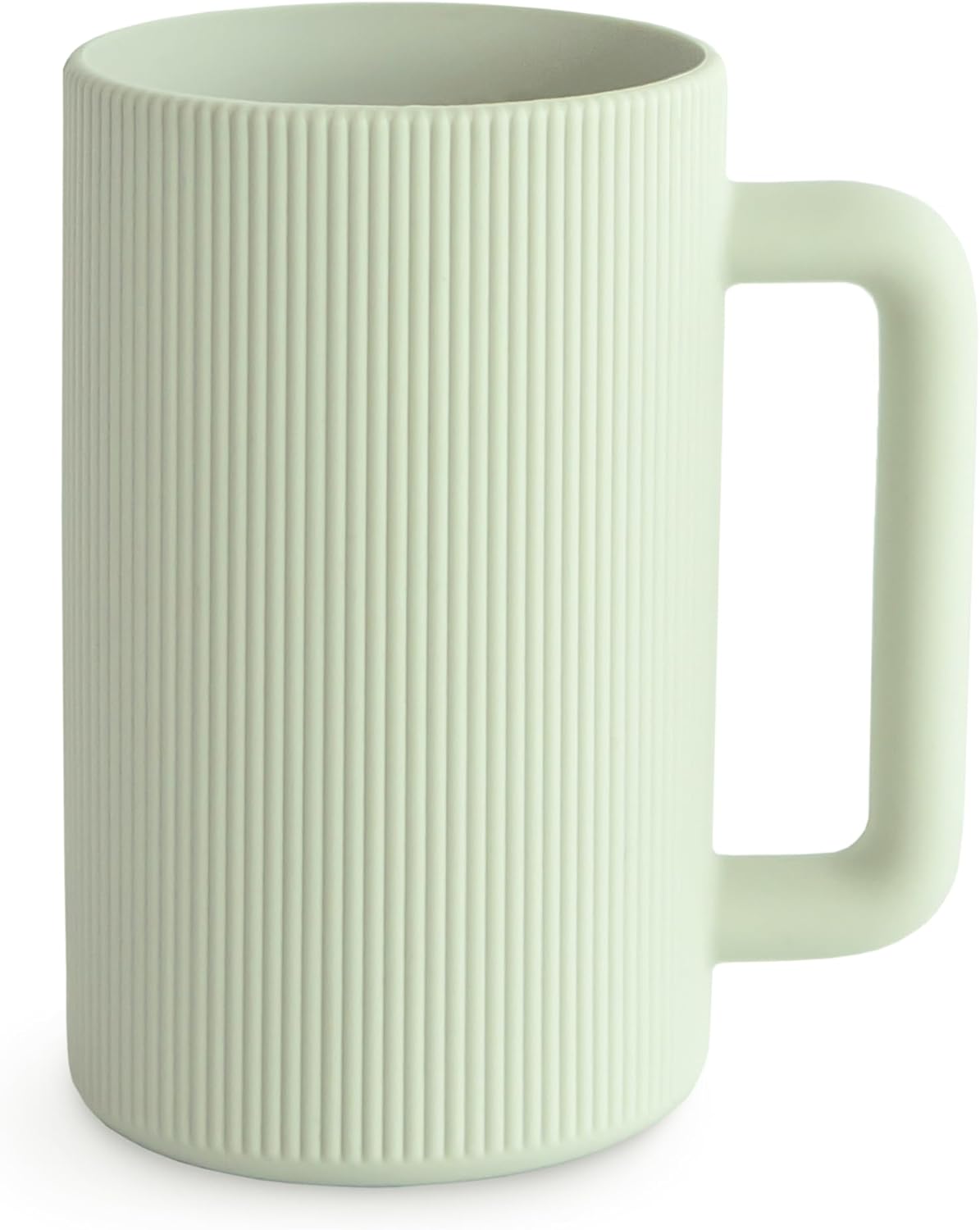 Light green mug with ribbed texture on a white background