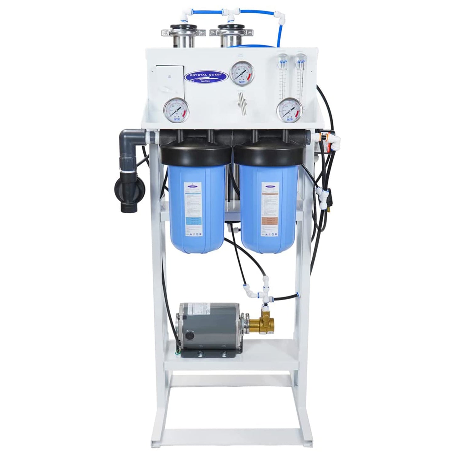 Water filtration system with blue filters and gauges on a white background