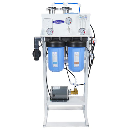 Water filtration system with blue filters and gauges on a white background
