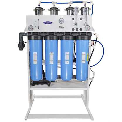 Water filtration system with blue cylindrical tanks on a white background
