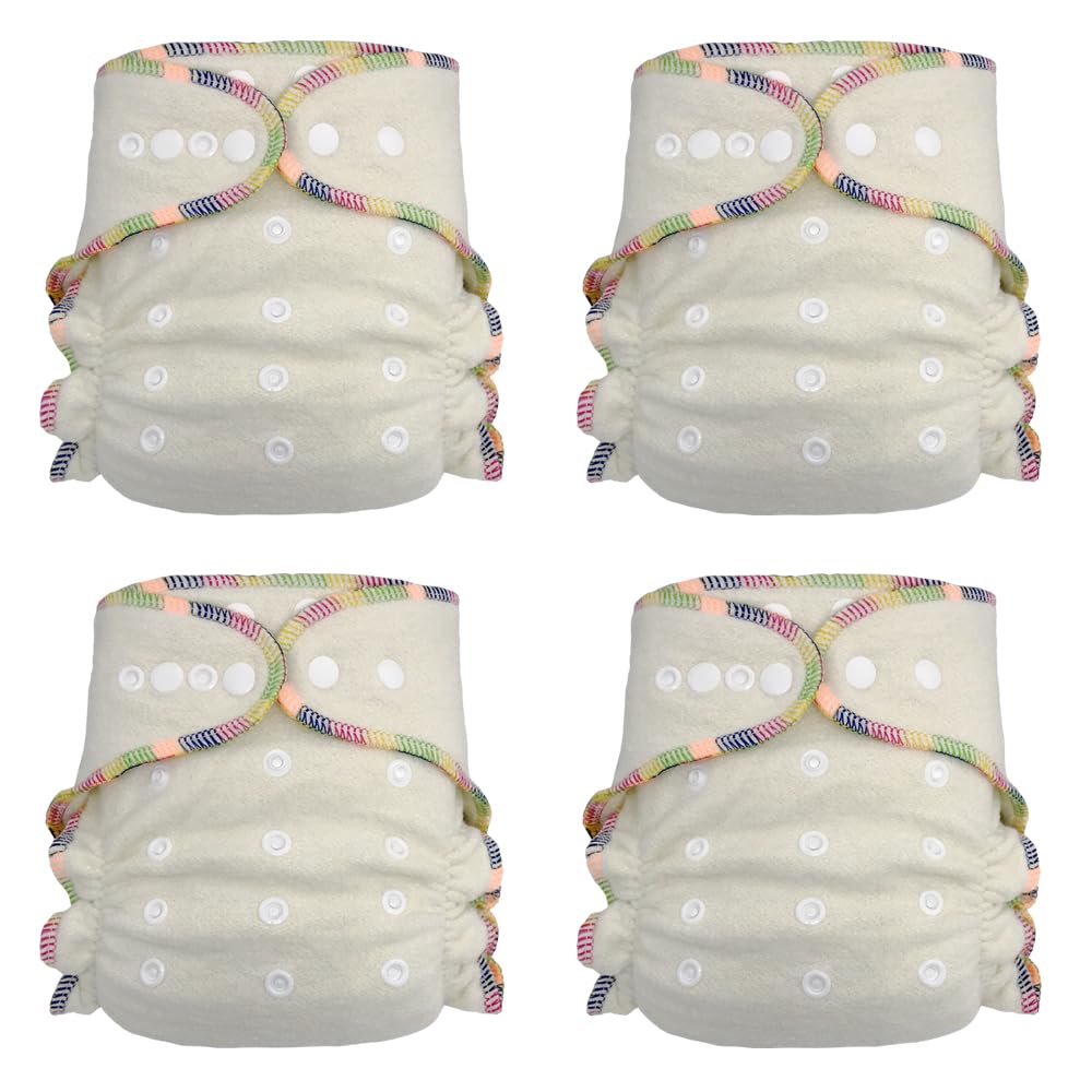 Four white cloth diapers with colorful elastic bands on a white background