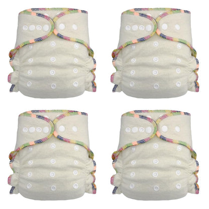 Four white cloth diapers with colorful elastic bands on a white background