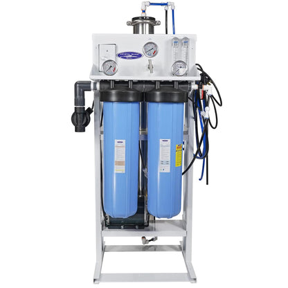 Water filtration system with blue cylindrical tanks on a white background