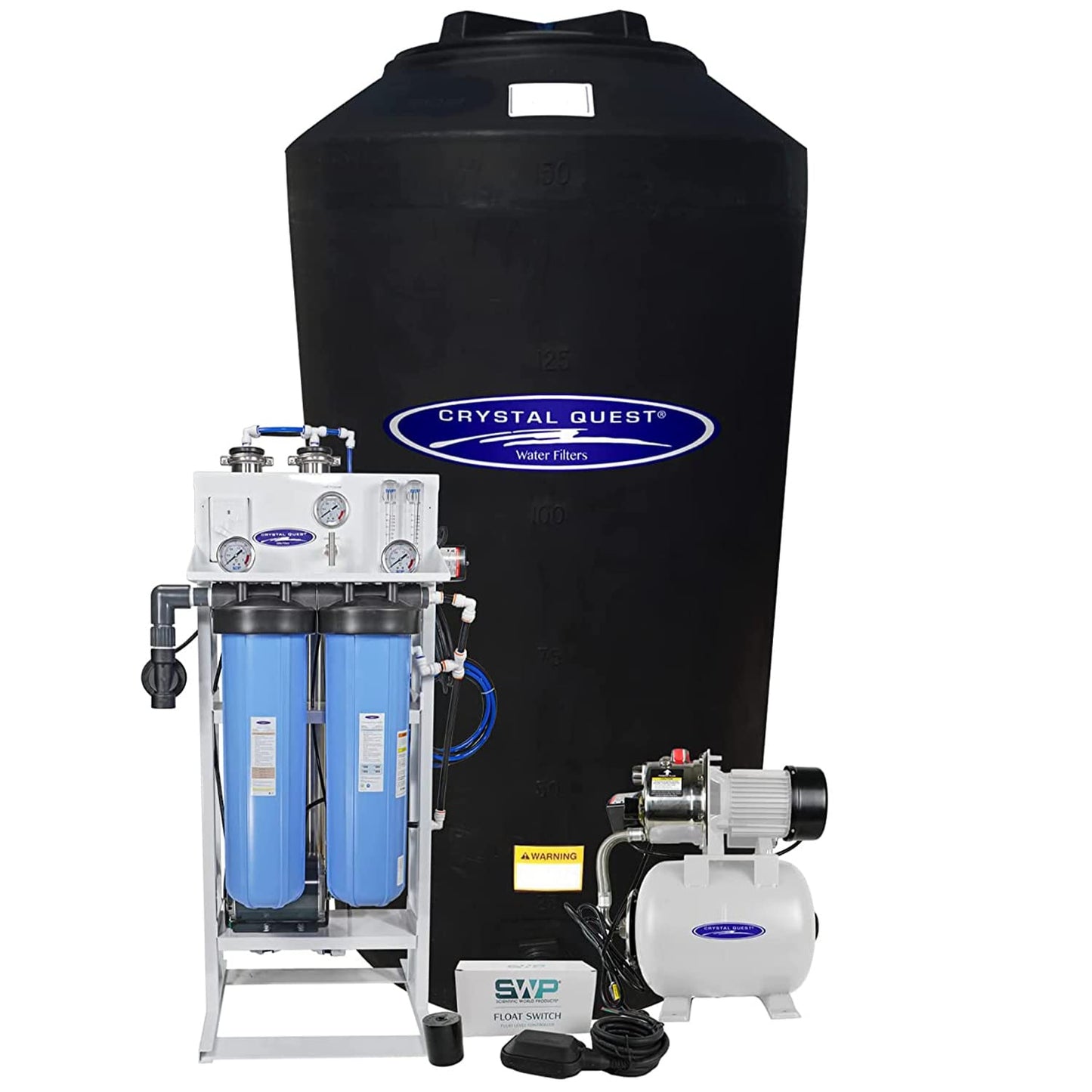 Water filtration system with blue tanks and black storage tank on a white background