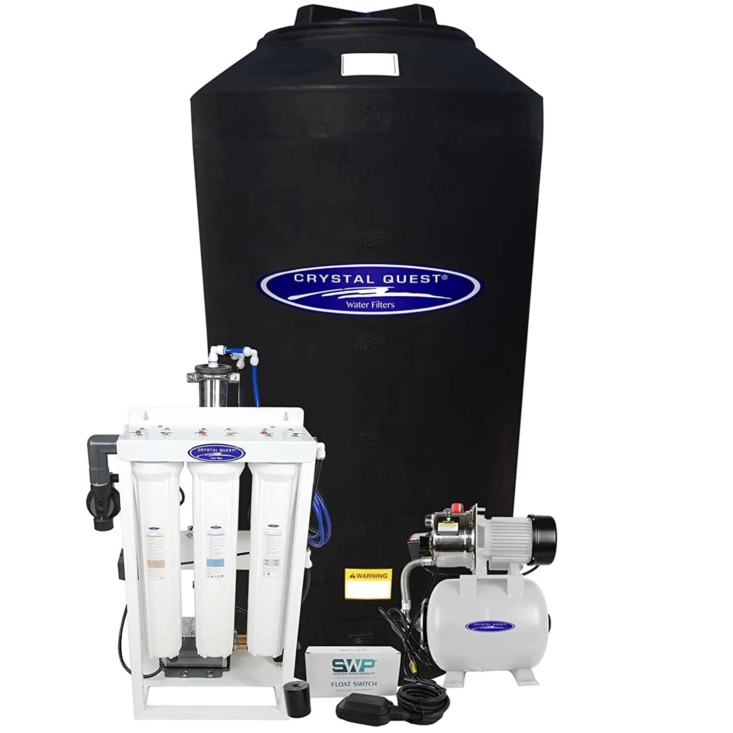 Water filtration system with Crystal Quest branding on a white background