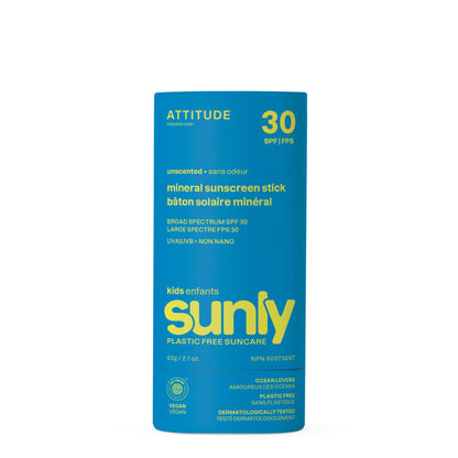 Blue packaging of Attitude mineral sunscreen stick for kids on a white background