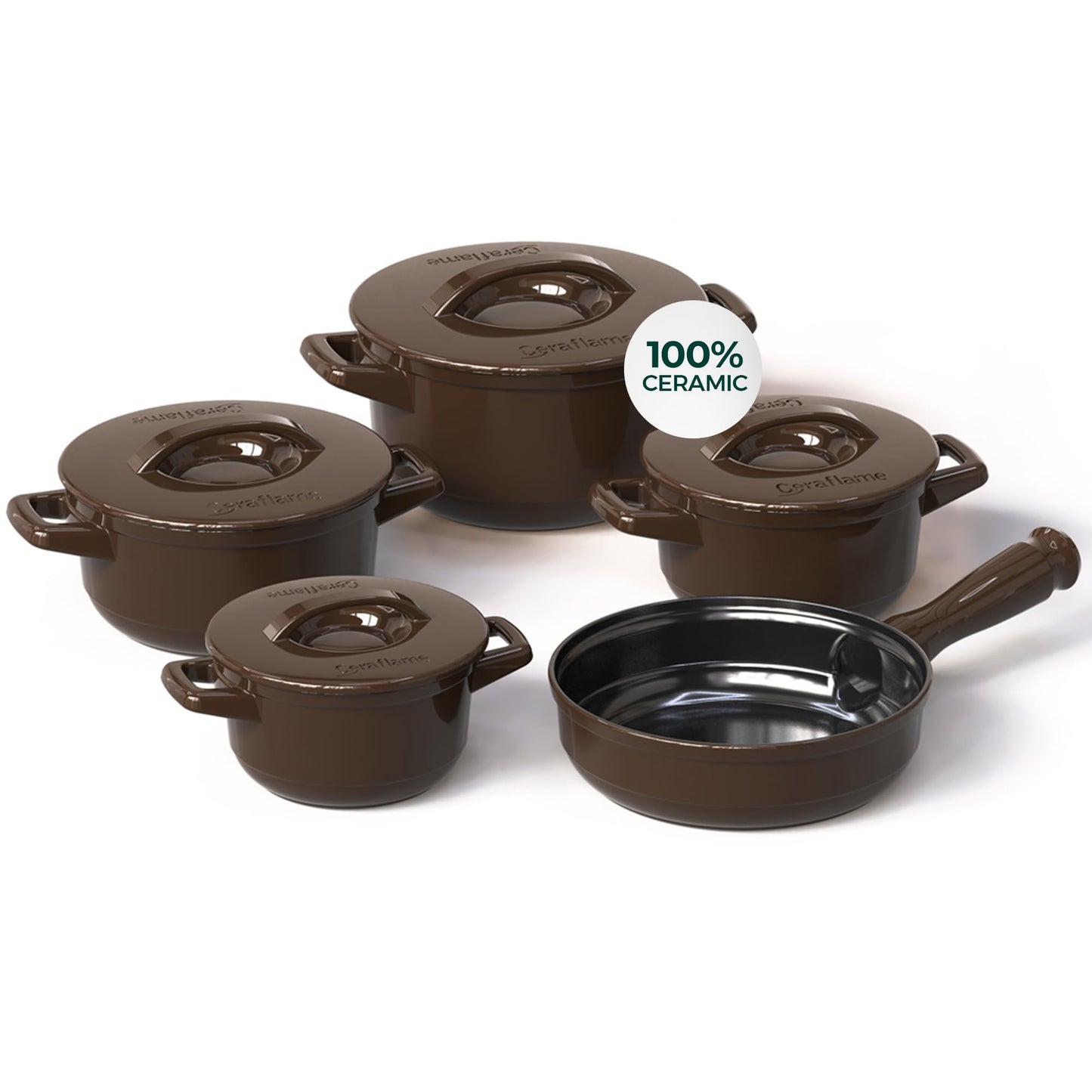 Set of brown ceramic cookware with a central pot on a white background