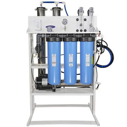 Water filtration system with blue cylindrical filters on a white background